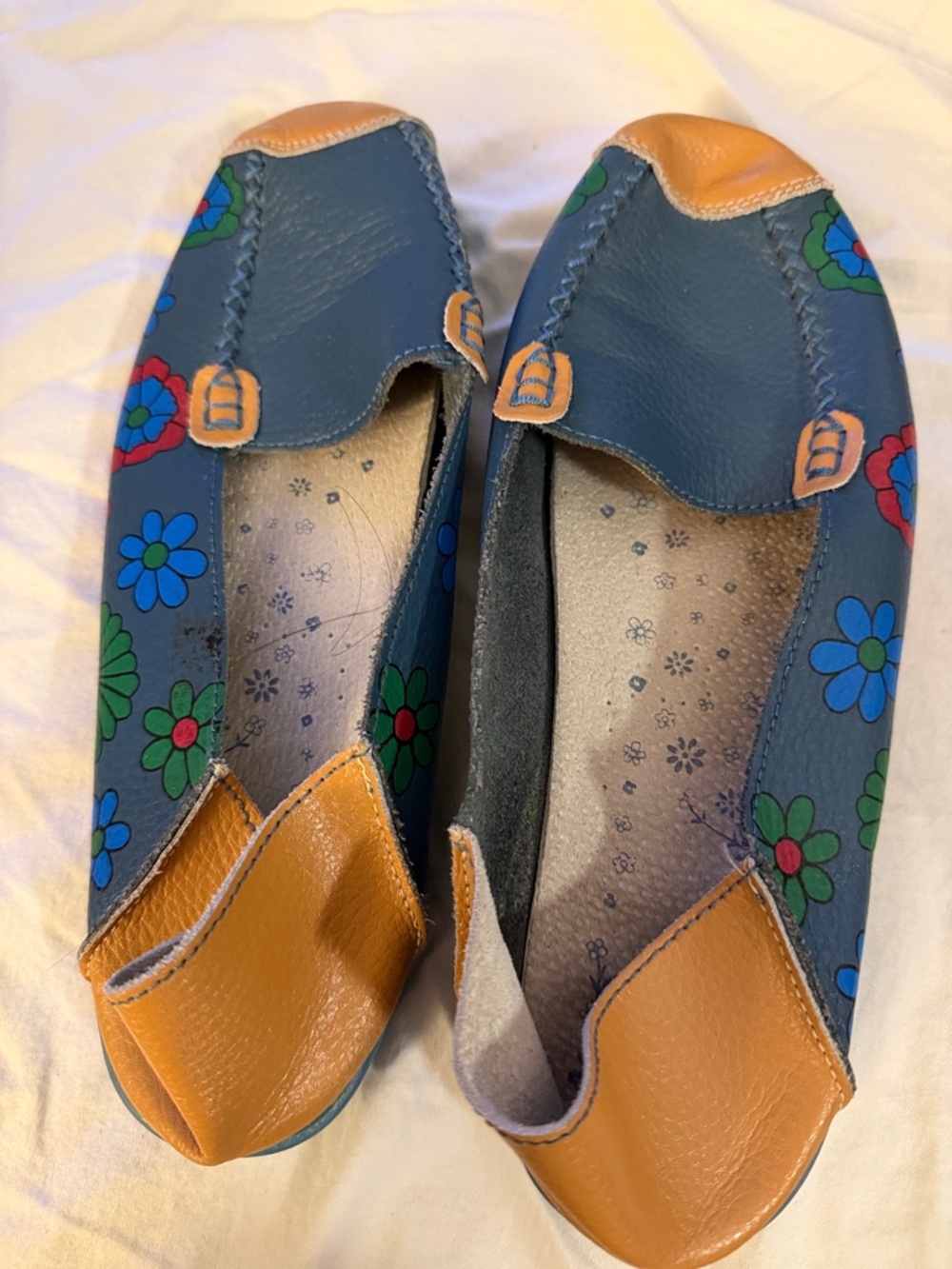 Blue Floral Leather Flats with Tan Accents by